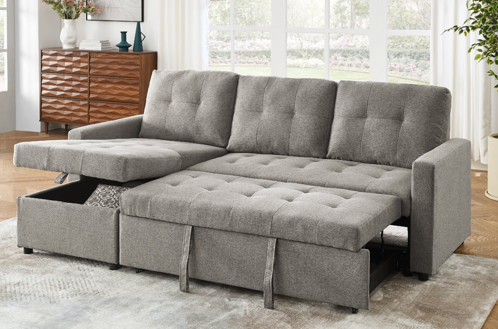Affordable pull-out sofa set for living room with storage – Grey Linen – LivionixTech Canada