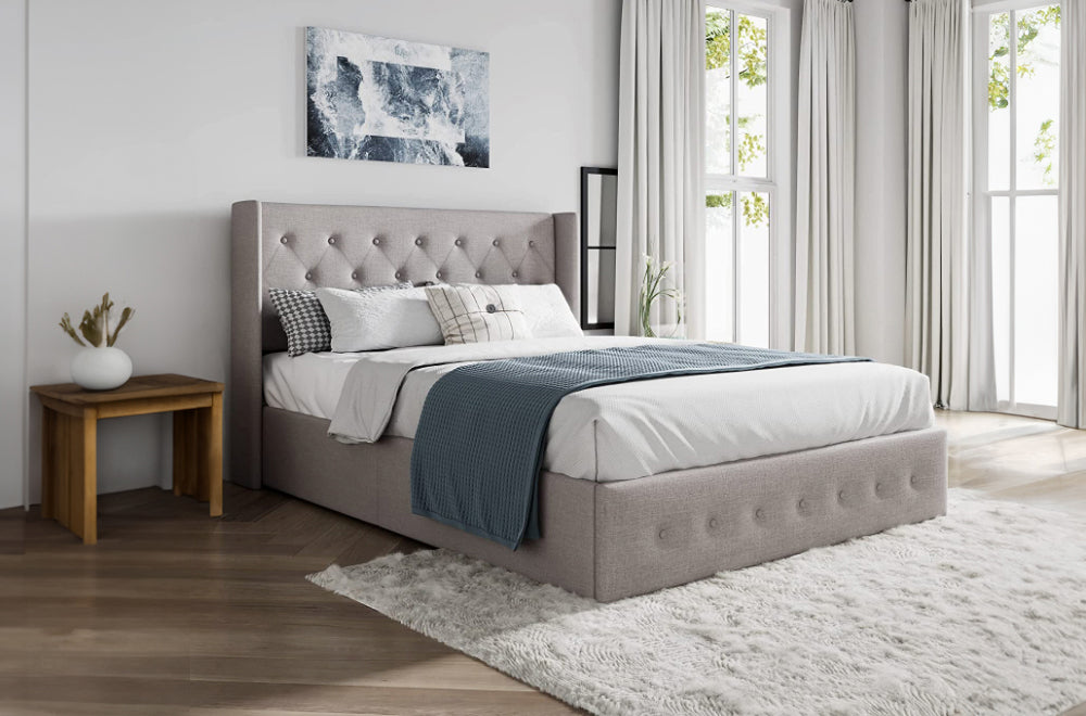 Grey Linen Storage Bed with Wingback Headboard – Affordable Furniture Canada