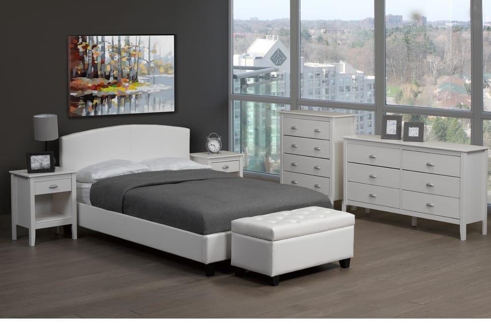 White Leatherette Platform Bed with Wooden Frame – Modern Furniture Canada
