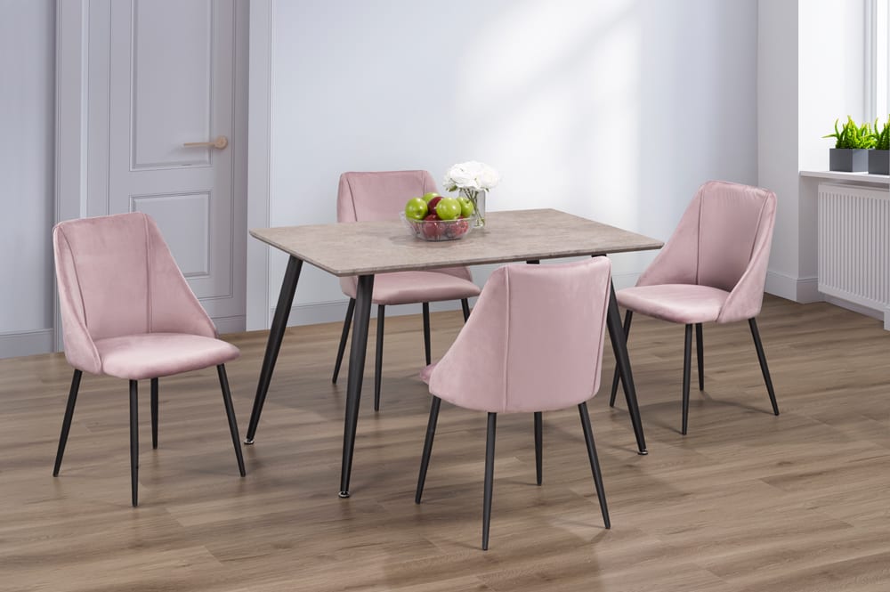 Elegant pink velvet dining chairs with concrete look table