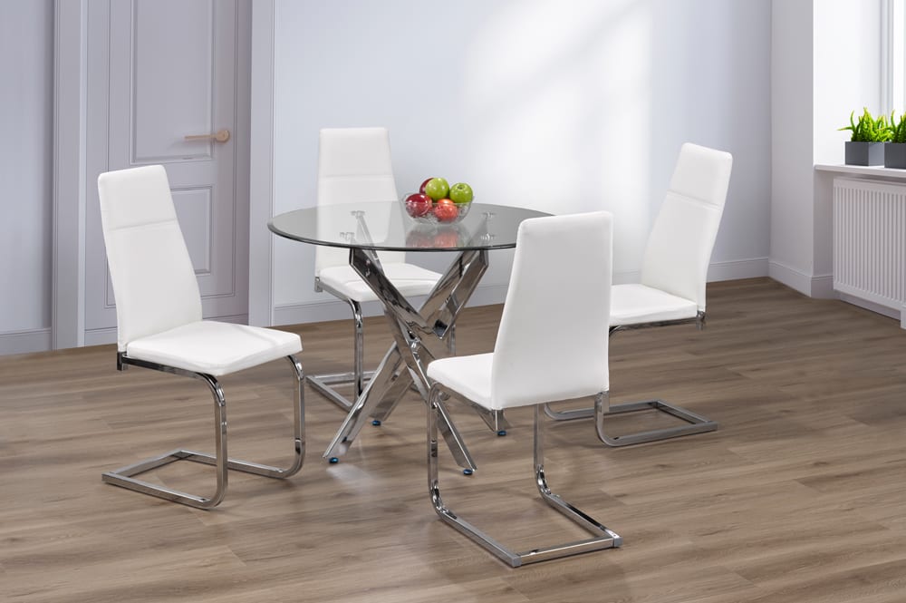 Round tempered glass dining table with white chairs