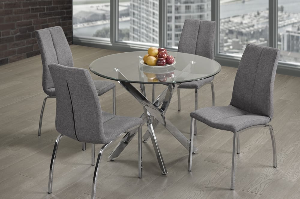 Elegant chrome 5-piece dining set with grey fabric chairs