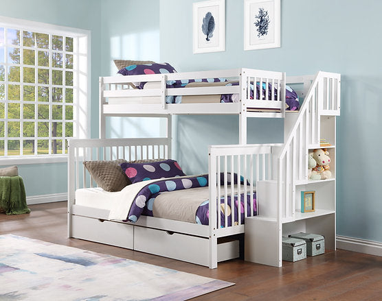 White bunk bed with reversible staircase and storage