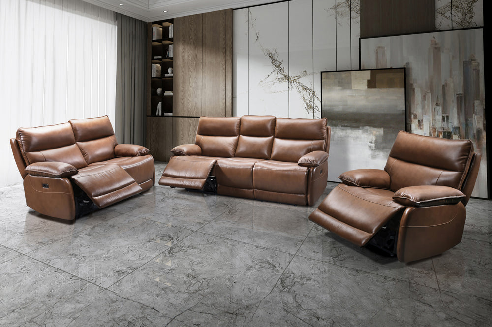 Premium Genuine Leather Reclining Sofa Set for Canadian Homes β Cognac & Grey β LivionixTech