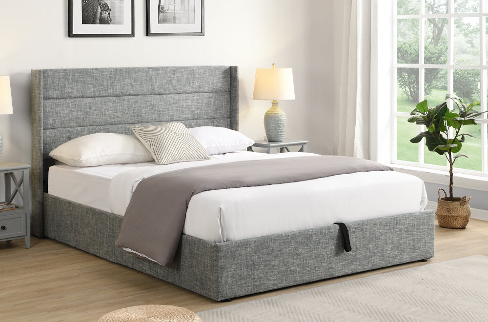 Grey Linen Storage Bed with Wingback Design – Affordable Furniture Canada