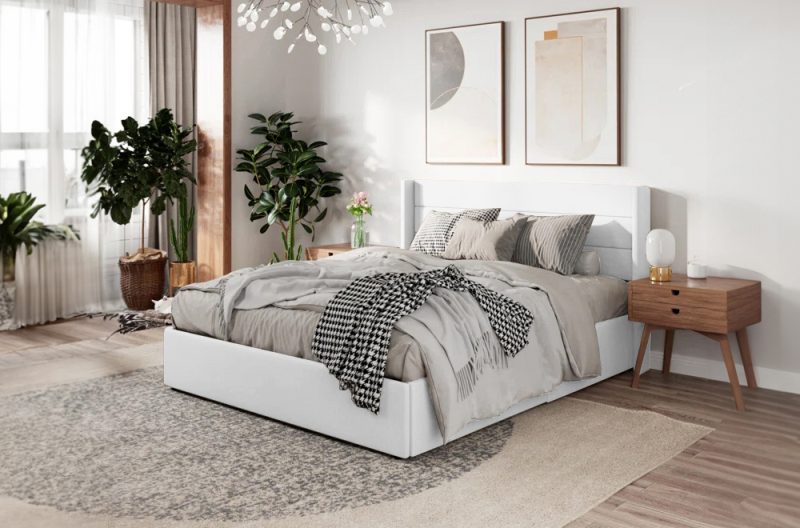White Upholstered Platform Bed with Hidden Storage – Home Furniture Canada