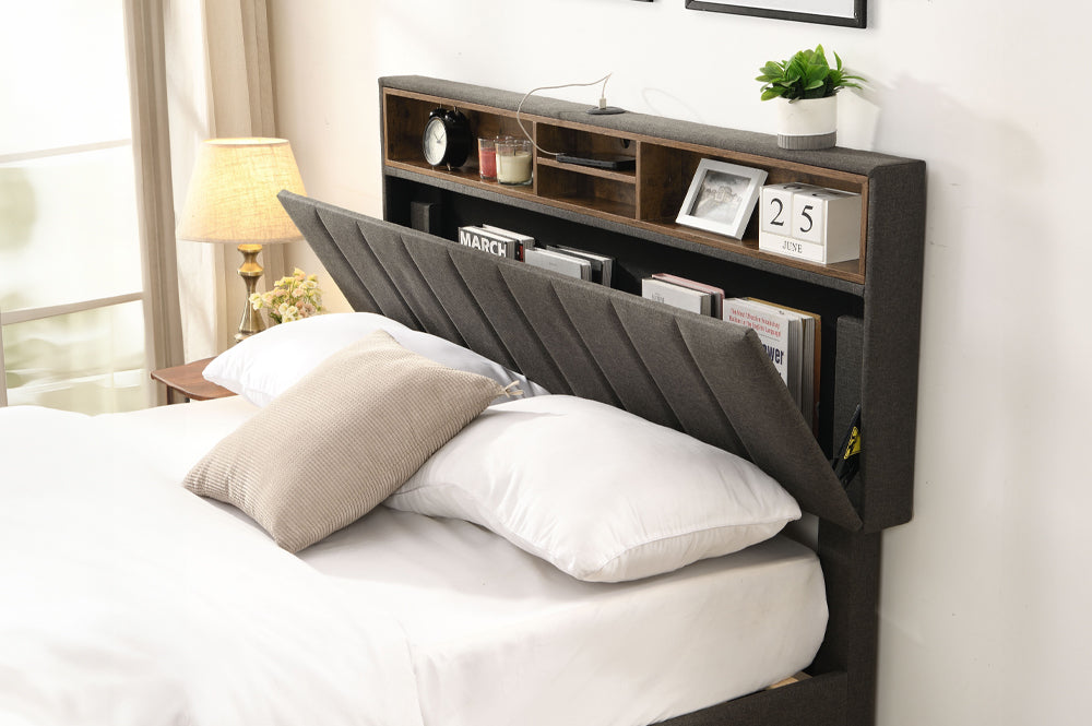 Stylish storage bed Canada – grey linen tufted headboard with USB