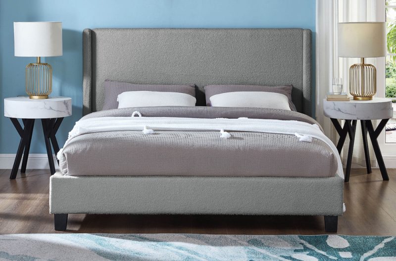 Grey Boucle Upholstered Bed with Wingback – Affordable Furniture Canada