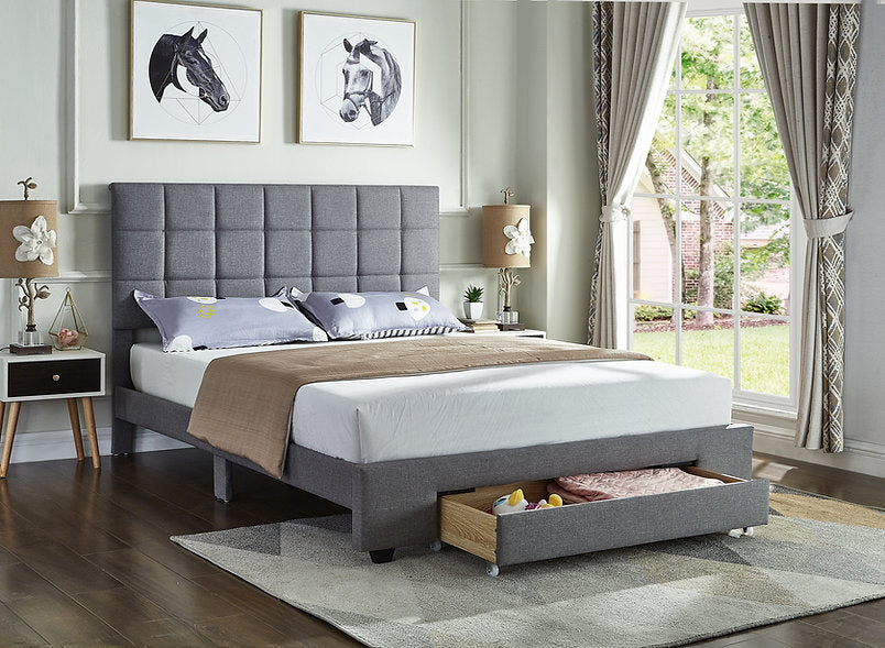 Gray upholstered bed with storage drawers - Affordable bed GTA