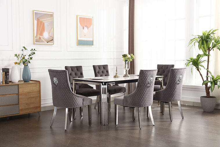 Luxury Stainless chrome dining table with velvet chairs — modern furniture toronto