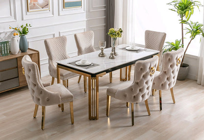 Luxury Dining table and tufted chairs | 7-piece dining set layout 