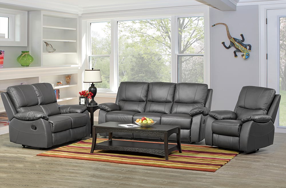 Charcoal Genuine Leather Recliner Sofa with Full Chaise Pad – Comfortable Seating Canada