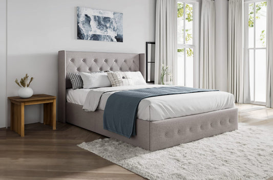 Grey Linen Storage Bed with Wingback Headboard – Affordable Furniture Canada