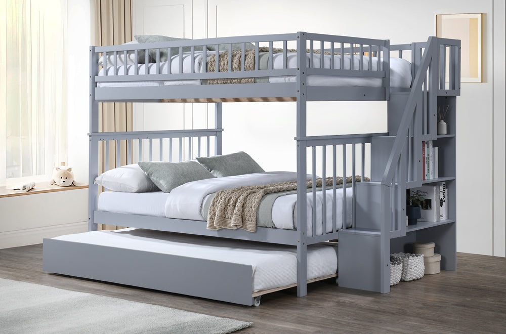 Full Size Double Bunk Bed with Stairs and Storage – Grey