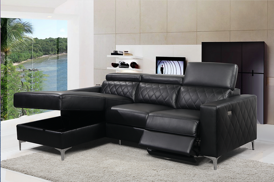 Black leather gel sectional sofa with recliner