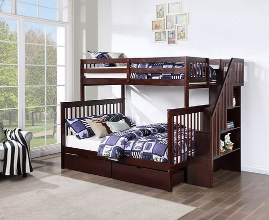 Single Over Double Bunk Bed with Stairs & Storage in Espresso Finish