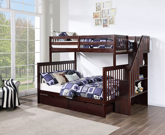 Single Over Double Bunk Bed with Stairs & Storage in Espresso Finish