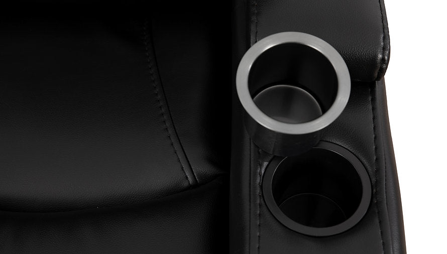 Close-up of a Recliner cup holder in a black leather chair | Free GTA Delivery