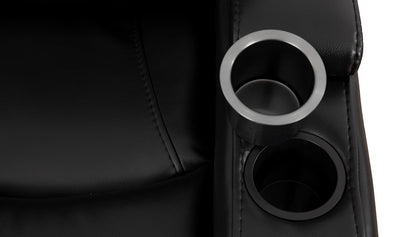 Close-up of a Recliner cup holder in a black leather chair | Free GTA Delivery