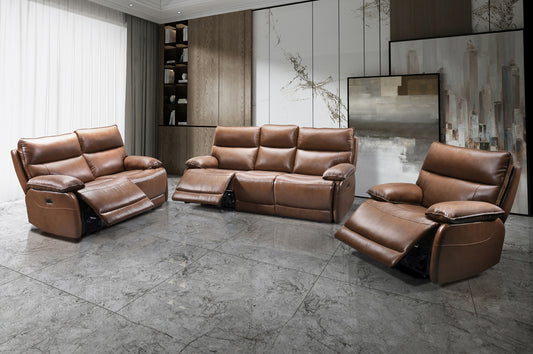 Premium Genuine Leather Reclining Sofa Set for Canadian Homes – Cognac & Grey – LivionixTech