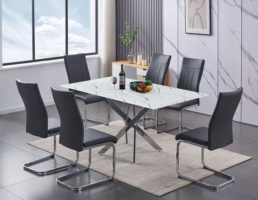 Chrome base dining table with grey PU chairs Mississauga – affordable furniture