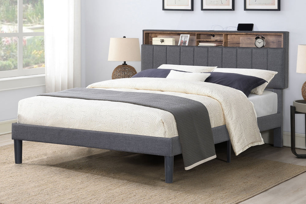 Affordable furniture Canada – platform bed with shelving and hidden storage