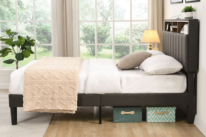 Affordable storage bed with headboard shelving and modern design