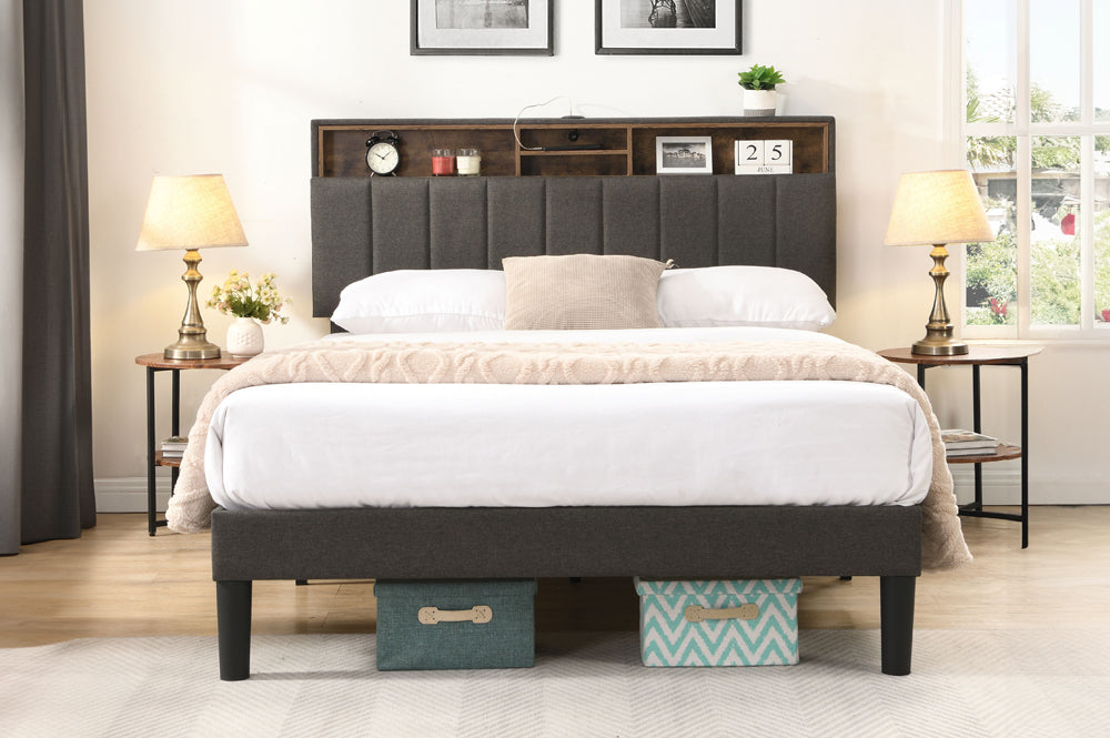 Modern grey linen platform bed with storage and USB charging port