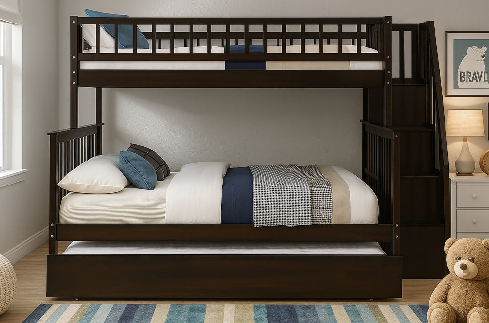 Twin Over Double Bunk Bed with Trundle – Espresso Finish
