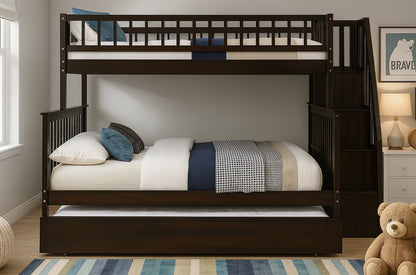 Twin Over Double Bunk Bed with Trundle – Espresso Finish