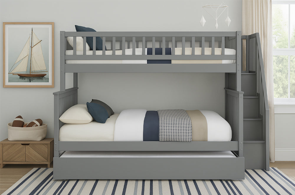 Kids Bunk Bed with Stairs and Storage Shelves – Grey