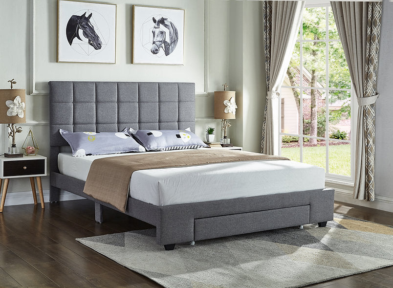 Grey Upholstered Bed with Storage Drawer - Brampton Canada 