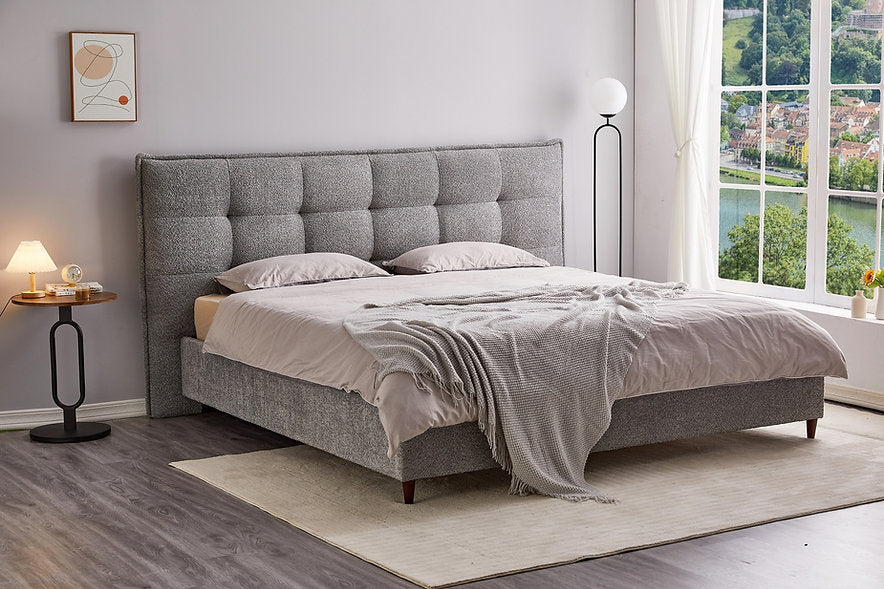 Modern Platform Bed with Soft Touch Grey Boucle Fabric