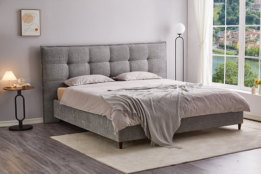 Modern Platform Bed with Soft Touch Grey Boucle Fabric